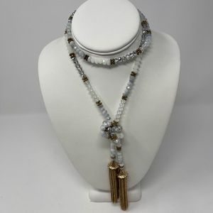 White & Gold Faceted Bead Tassel Necklace